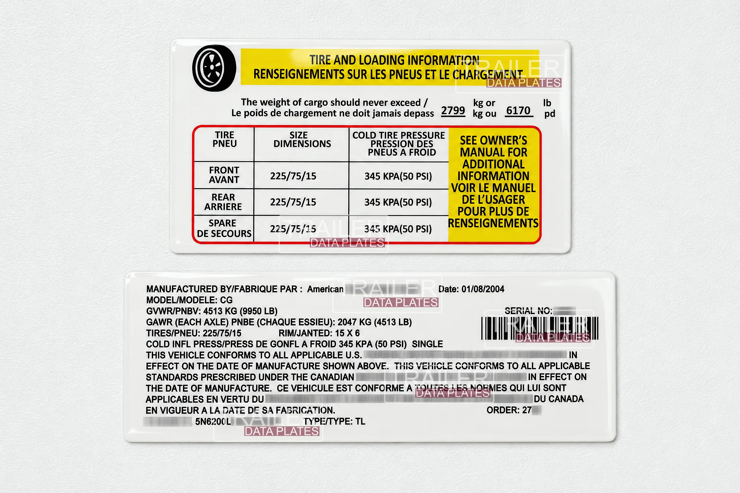 American Cargo Enclosed Trailer Data Decal Sticker VIN ID Tag Tire and Loading Information USA CUSTOM