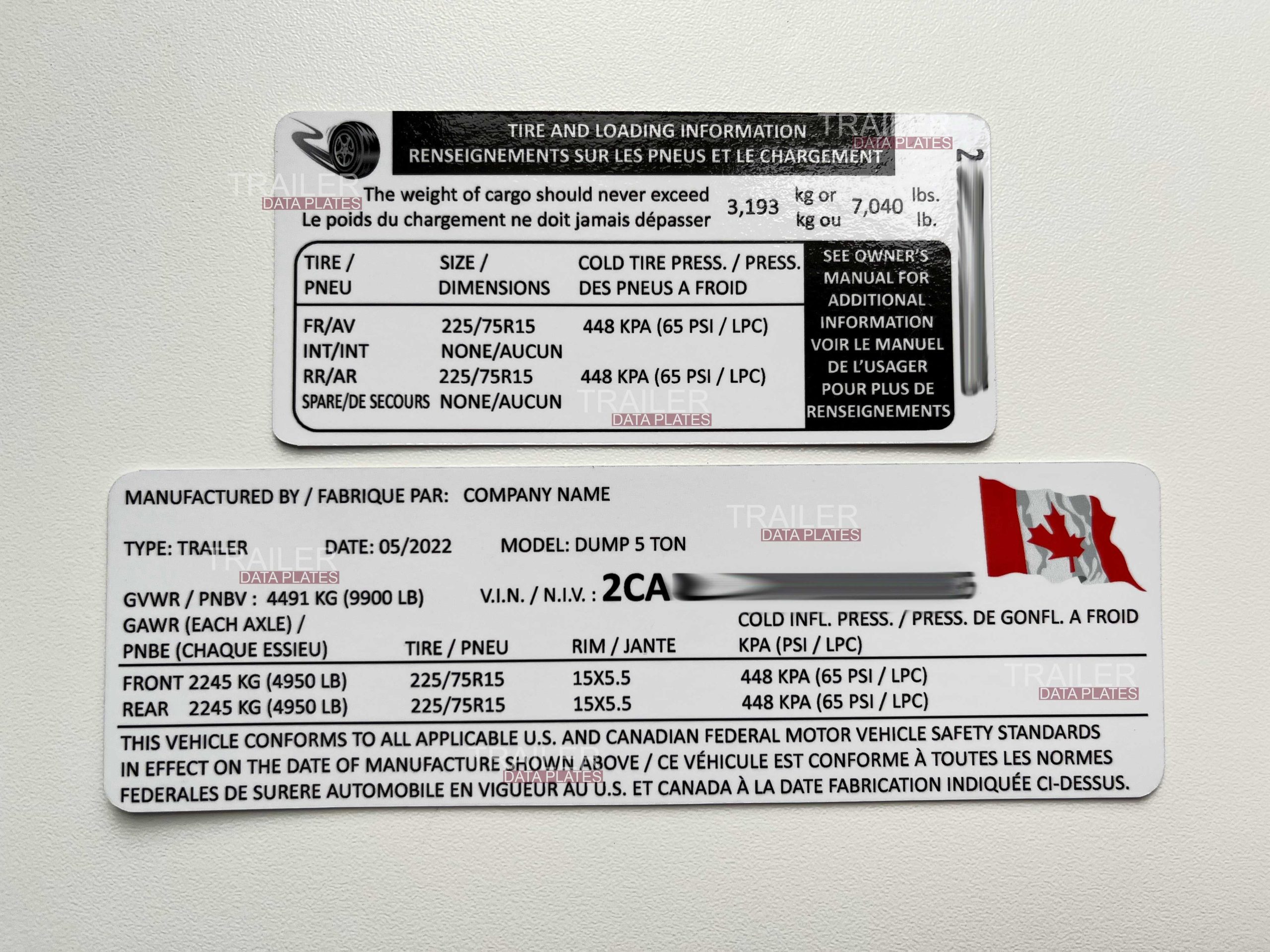 Canada Trailer Data Decal Sticker VIN ID Tag Tire and Loading Information CUSTOM