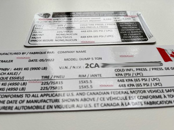 thumbnail image 2 of Trailer VIN & Tire Pressure Decal - 3M Professional Vinyl Label - USA Made 2 of 6