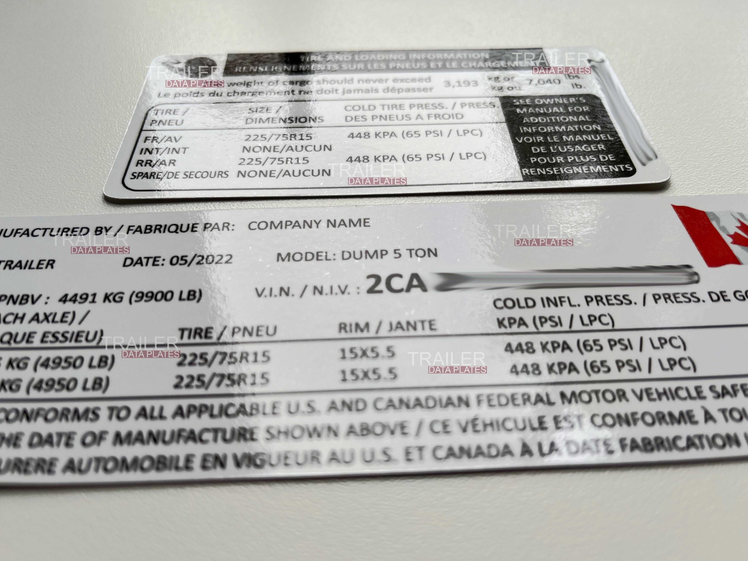 Canada Trailer Data Decal Sticker VIN ID Tag Tire and Loading Information CUSTOM - Image 2
