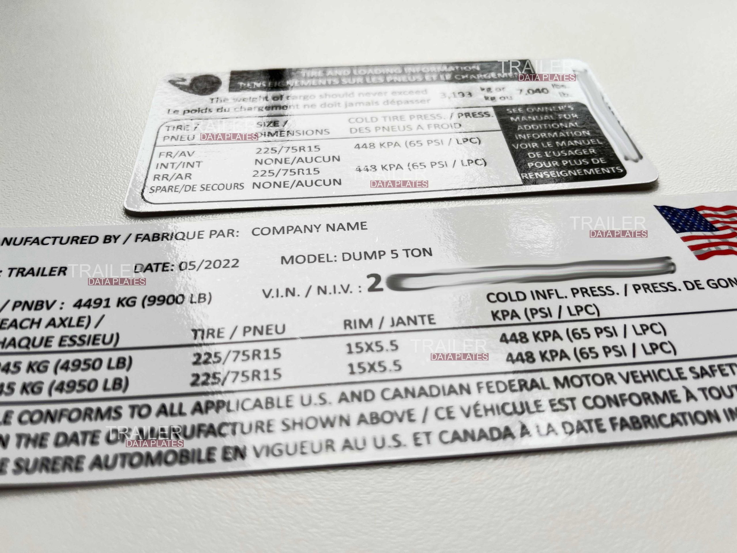 Trailer Data Decal Sticker VIN ID Tag Tire and Loading Information USA CUSTOM - Image 2