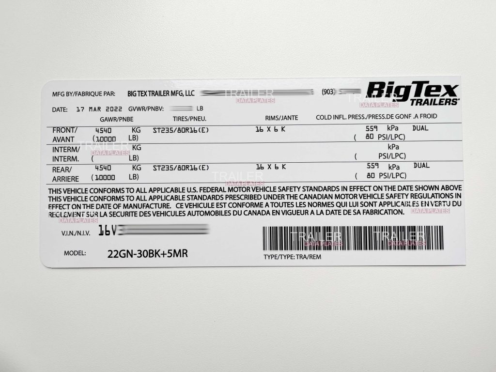 Big Tex Trailers Custom Data Decal Sticker VIN ID Tag Derated Downrated