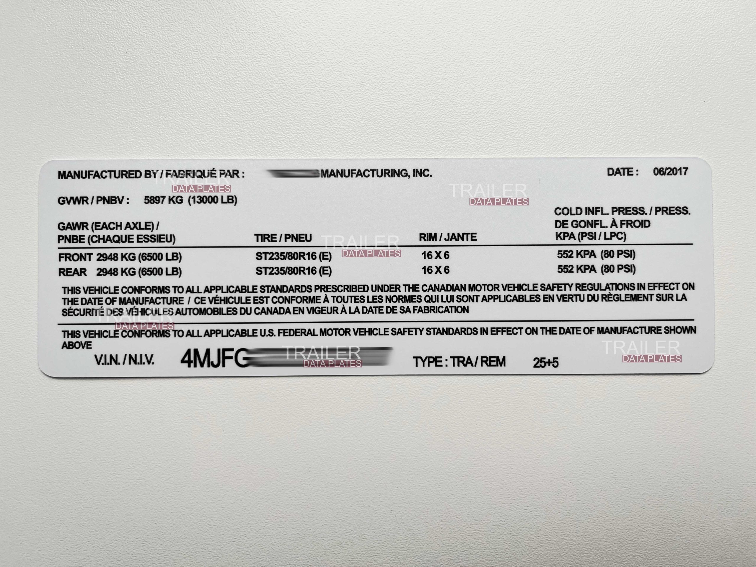 Cornelius Trailer Data Decal Sticker VIN ID Tag Tire and Loading Information USA CUSTOM