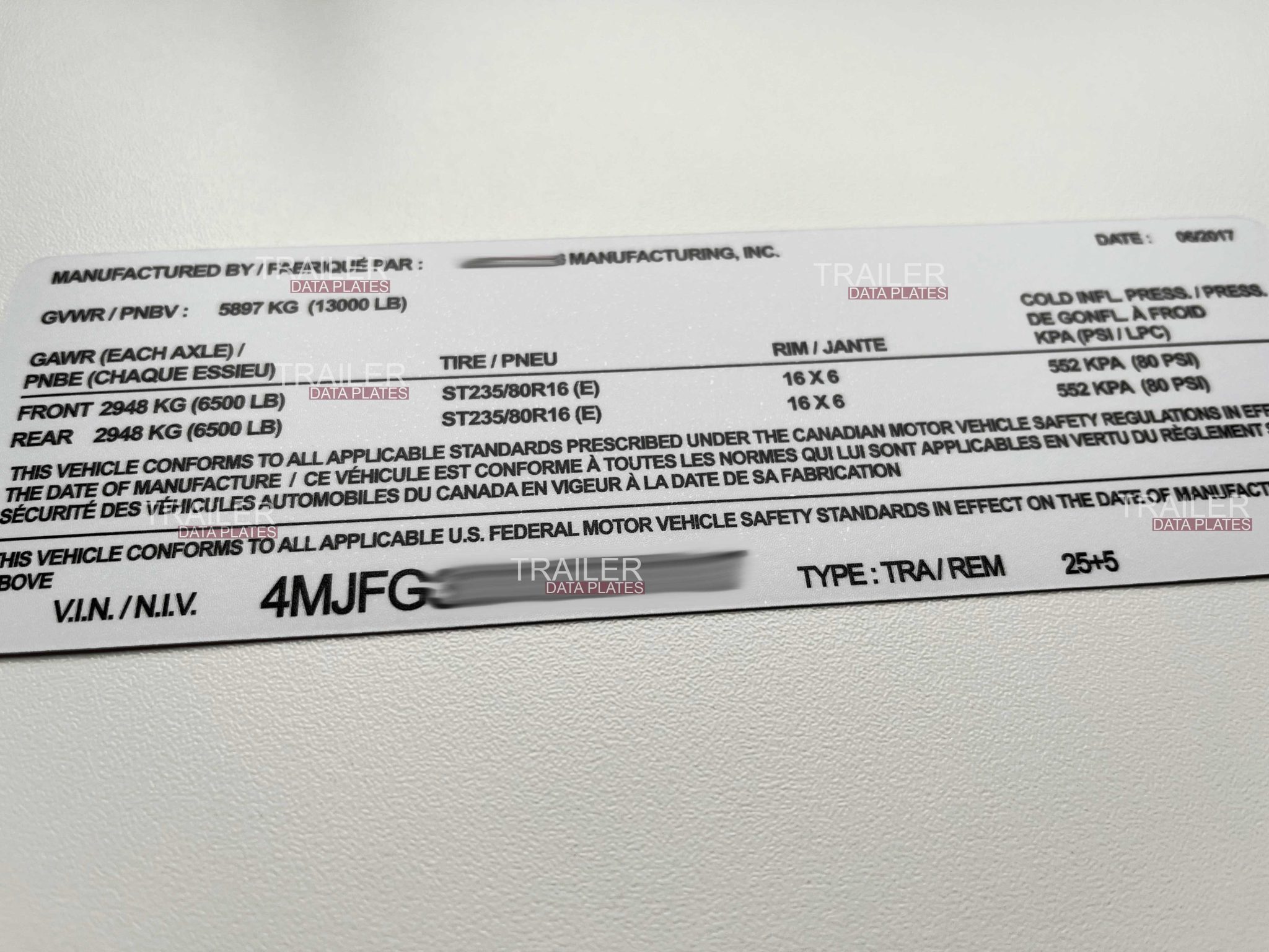 PJ Trailer Data Decal Sticker VIN ID Tag Tire and Loading Information ...