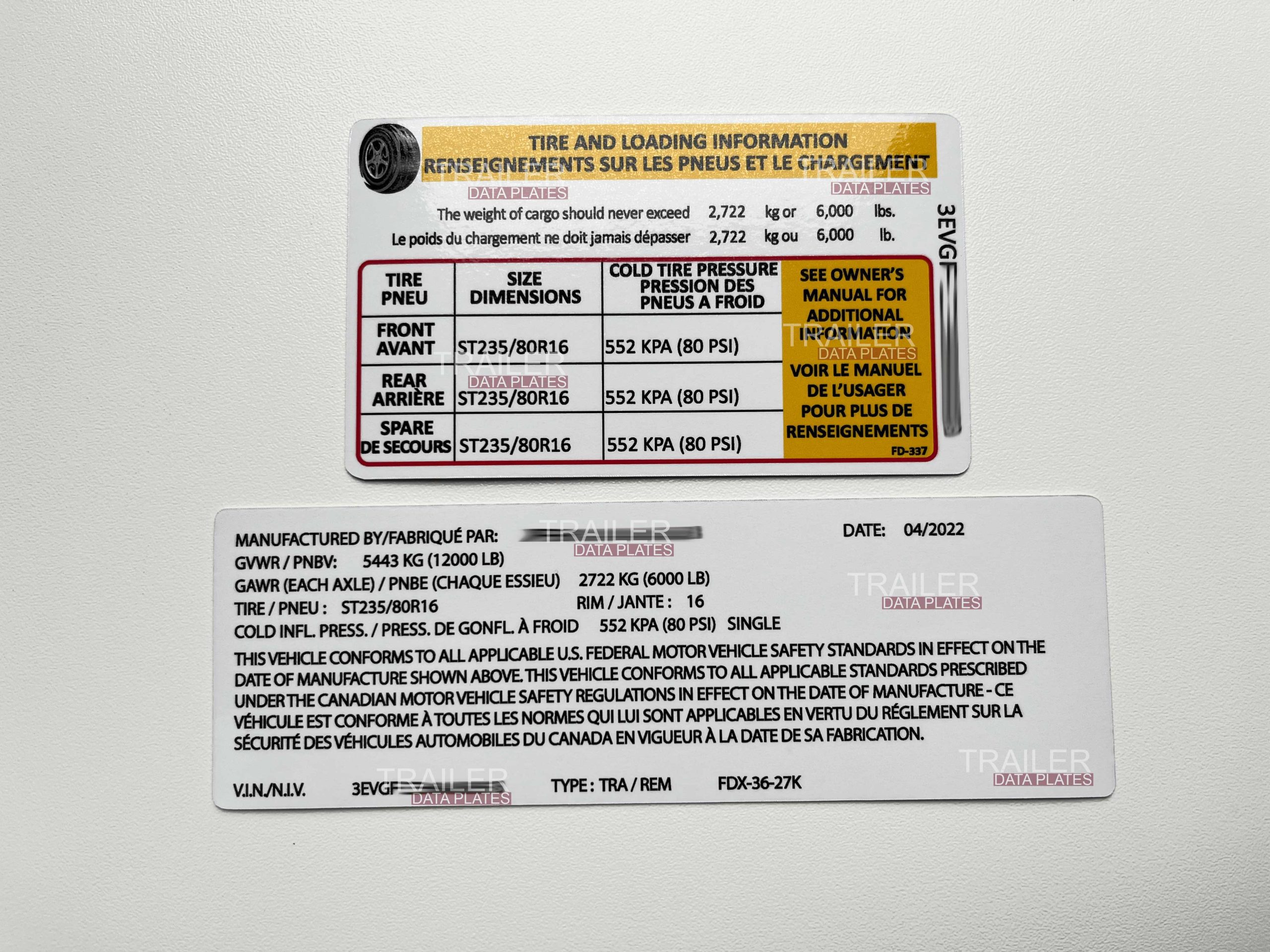 Cargo Trailer Data Decal Sticker VIN ID Tag Tire and Loading Information Alt Design CUSTOM