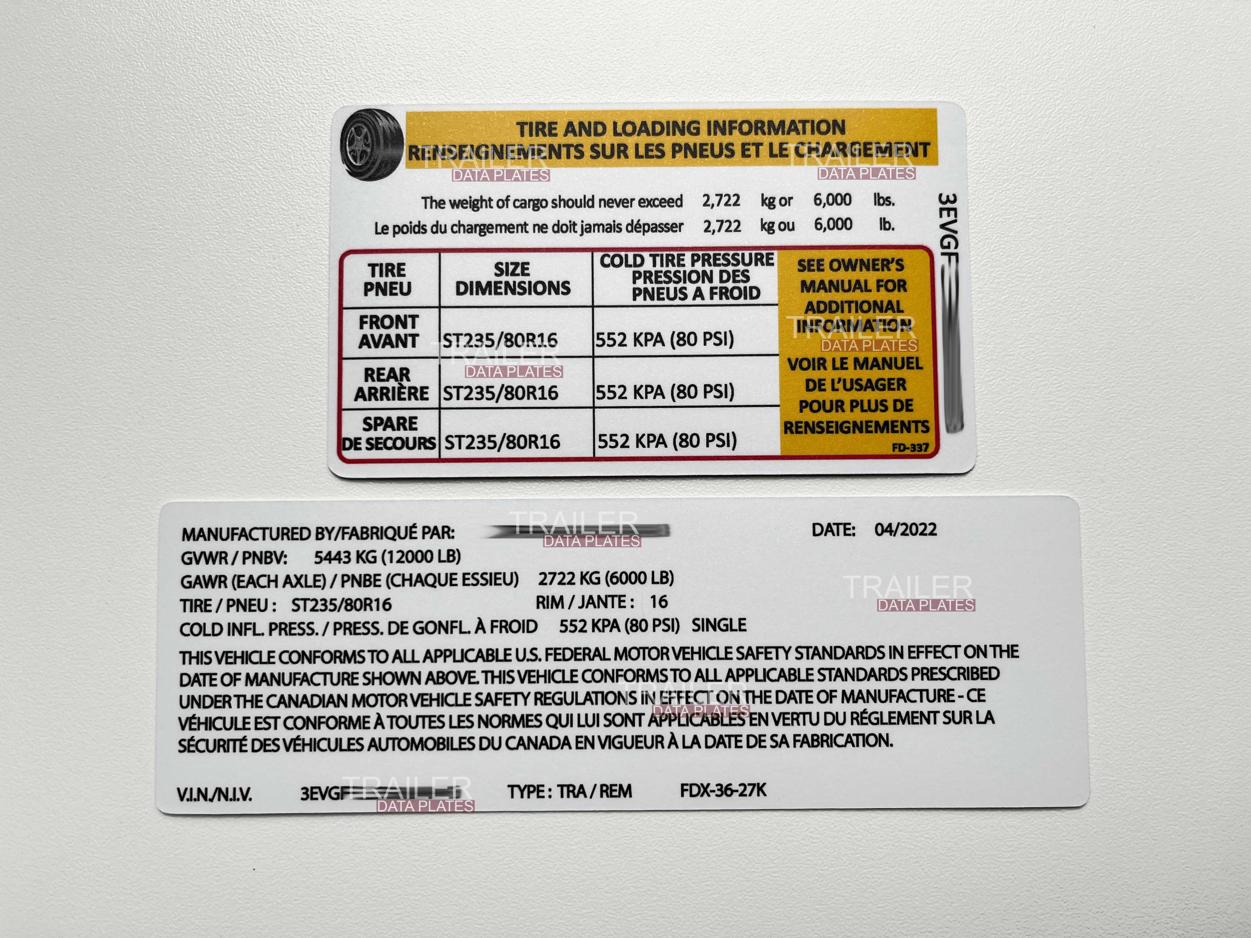 Cargo Trailer Data Decal Sticker VIN ID Tag Tire and Loading Information Alt Design CUSTOM - Image 3