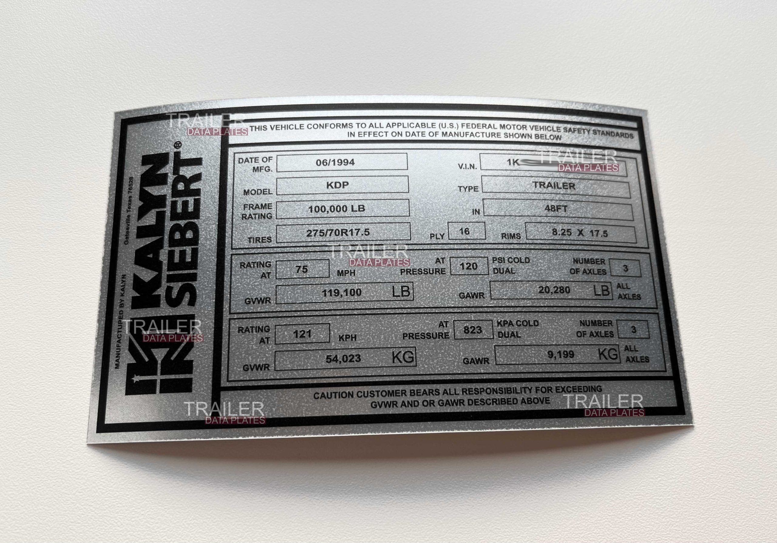 Flatbed Trailer Data Decal Sticker VIN ID Tag Reproduction CUSTOM