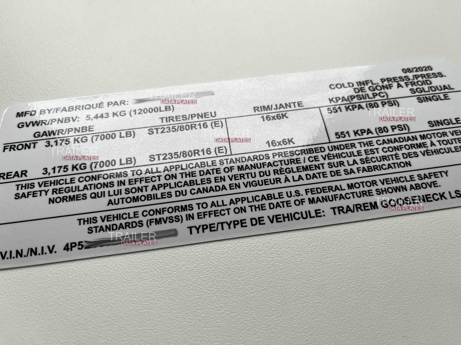 PJ Trailer Data Decal Sticker VIN ID Tag Tire and Loading Information ...