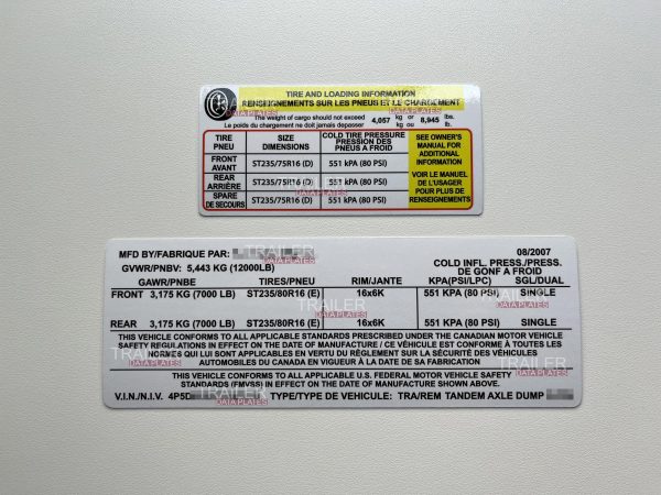 PJ Trailer Data Decal Sticker VIN ID Tag Tire and Loading Information Derated Downrated USA GLOSS
