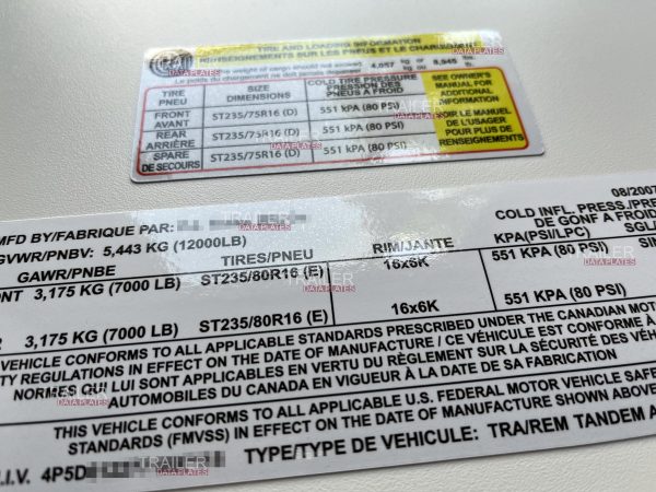 PJ Trailer Data Decal Sticker VIN ID Tag Tire and Loading Information Derated Downrated USA GLOSS