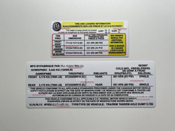 PJ Trailer Data Decal Sticker VIN ID Tag Tire and Loading Information Derated Downrated USA MATTE