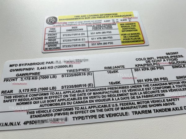 PJ Trailer Data Decal Sticker VIN ID Tag Tire and Loading Information Derated Downrated USA MATTE
