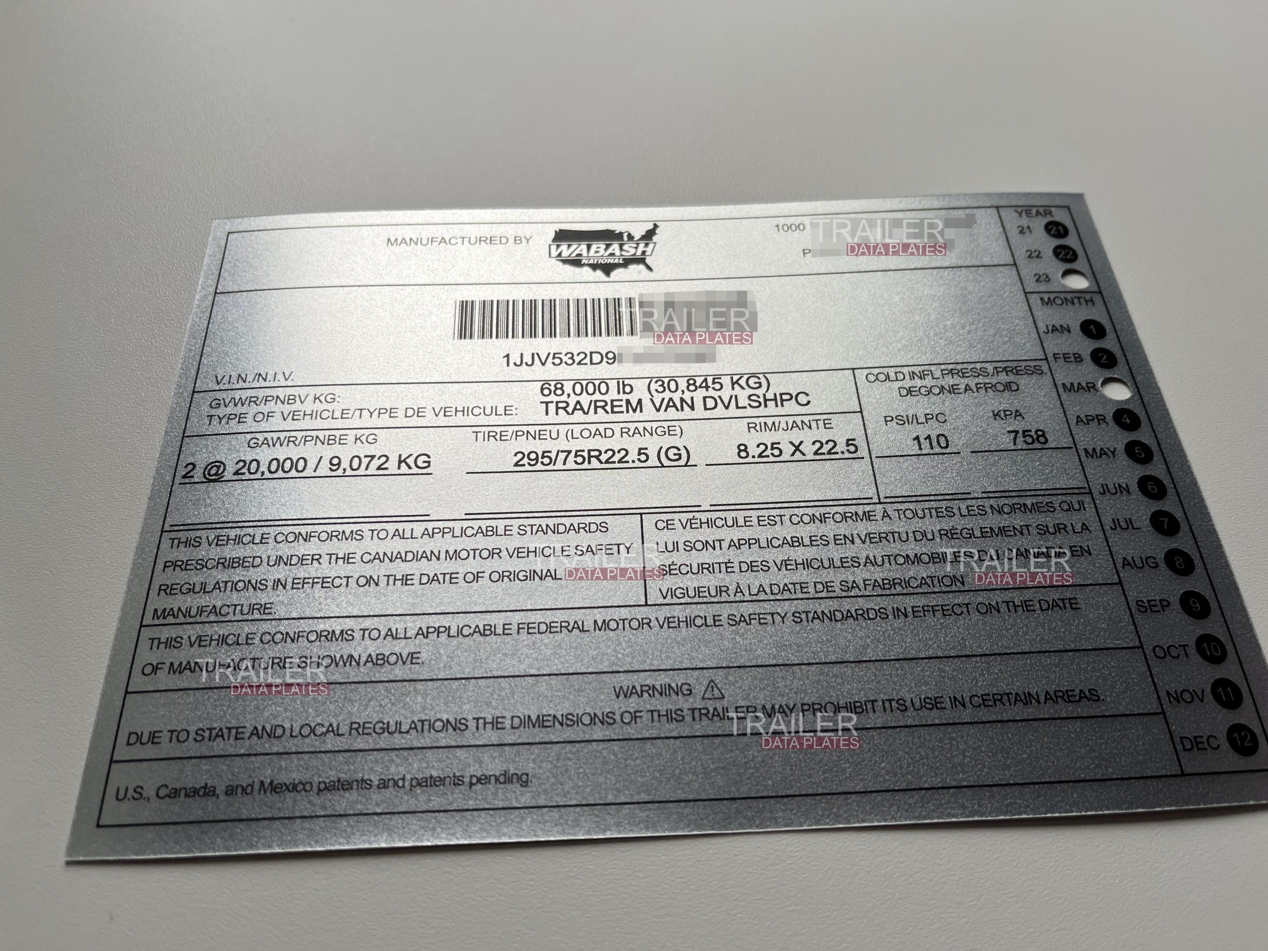 Wabash Trailer Data Decal Sticker VIN ID Tag Reproduction alt view