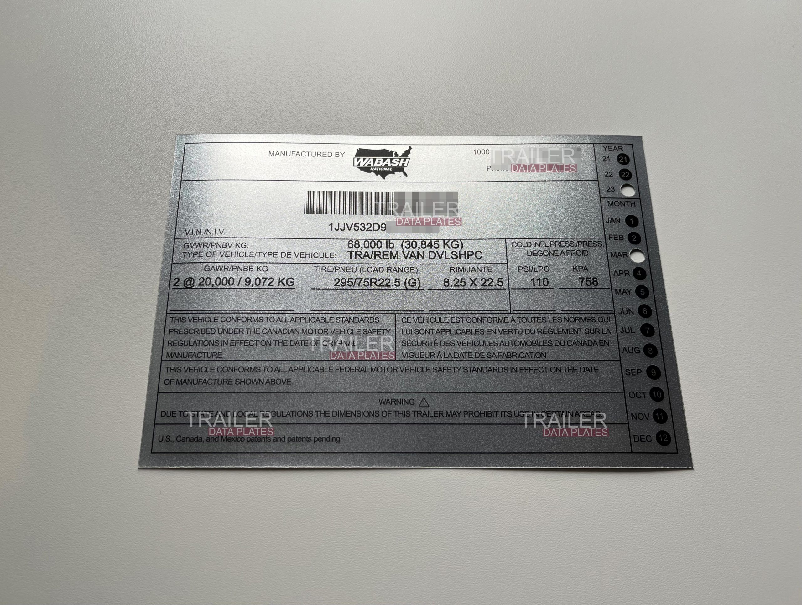 Wabash Trailer Data Decal Sticker VIN ID Tag Reproduction