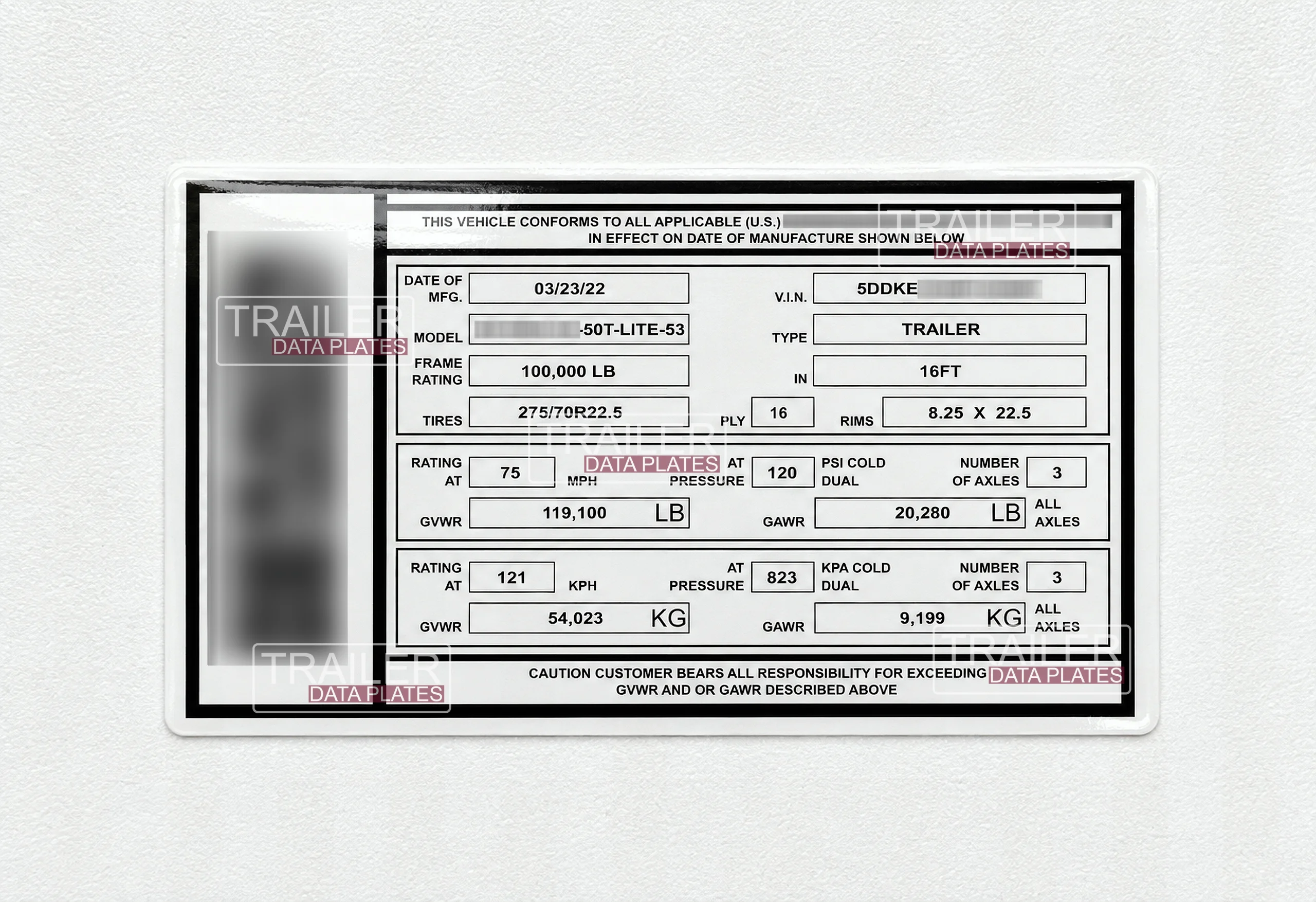 Flatbed Trailer Data Decal Sticker ID Tag Reproduction CUSTOM