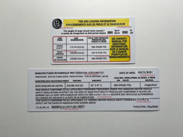 Norstar Trailers Data Decal Sticker VIN ID Tag Tire and Loading Information Derated Downrated USA MATTE