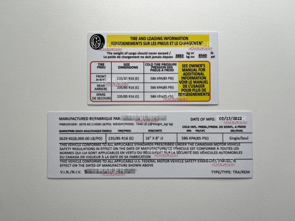 Norstar Trailers Data Decal Sticker VIN ID Tag Tire and Loading Information Derated Downrated USA GLOSS