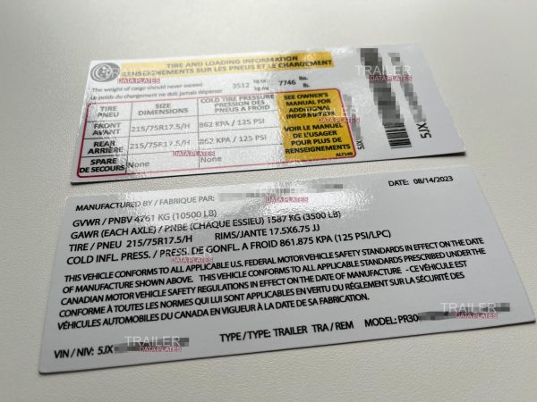 Aluminum Trailer Data Decal Sticker VIN ID Tag Tire and Loading Information Derated Downrated USA
