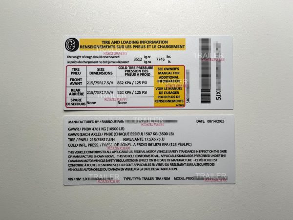 Aluminum Trailer Data Decal Sticker VIN ID Tag Tire and Loading Information Derated Downrated USA