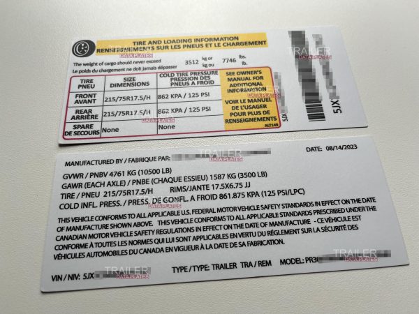 Aluminum Trailer Data Decal Sticker VIN ID Tag Tire and Loading Information Derated Downrated USA
