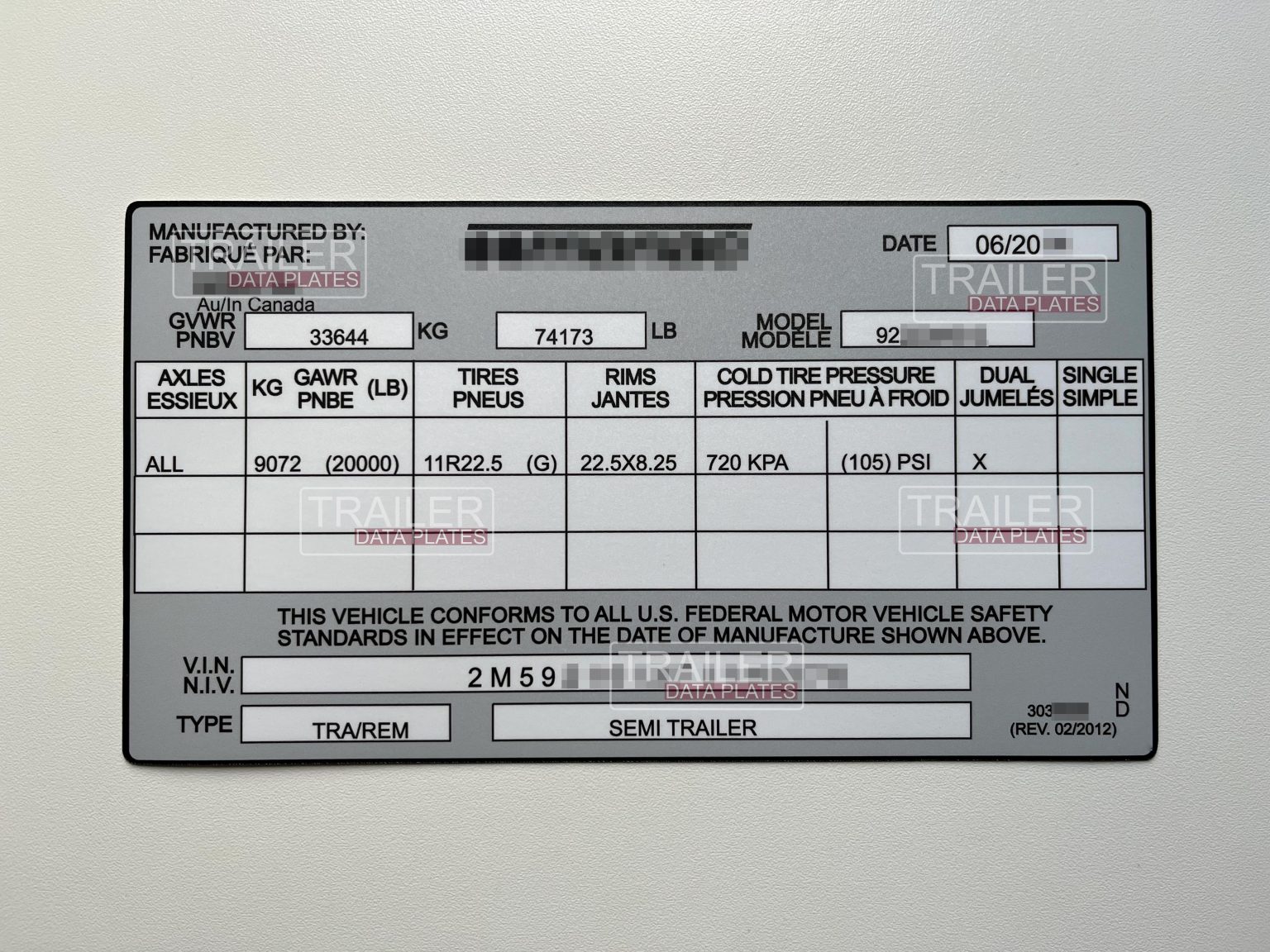 Manac Dry Van Trailer Data Decal Sticker VIN ID Tag Reproduction CUSTOM TrailerDataPlates