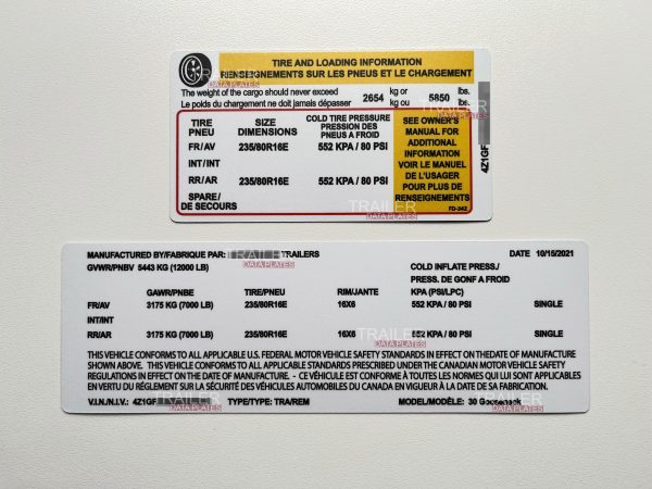Gatormade Trailer Data Decal Sticker VIN ID Tag Tire and Loading Information CUSTOM