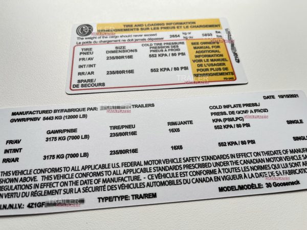 Gatormade Trailer Data Decal Sticker VIN ID Tag Tire and Loading Information CUSTOM alt