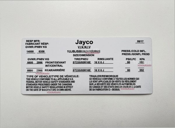 Jayco Trailer Data Decal Sticker VIN ID Tag Derated Downrated USA CUSTOM