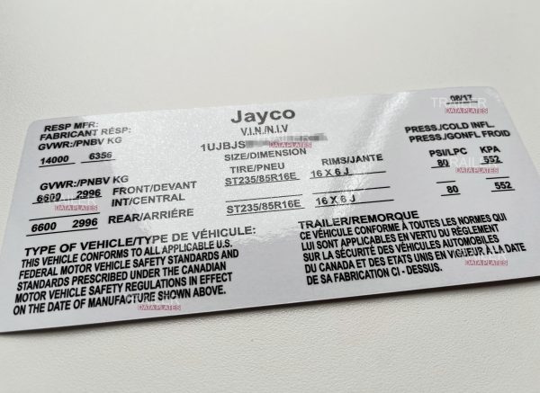 Jayco Trailer Data Decal Sticker VIN ID Tag Derated Downrated USA CUSTOM Alt view