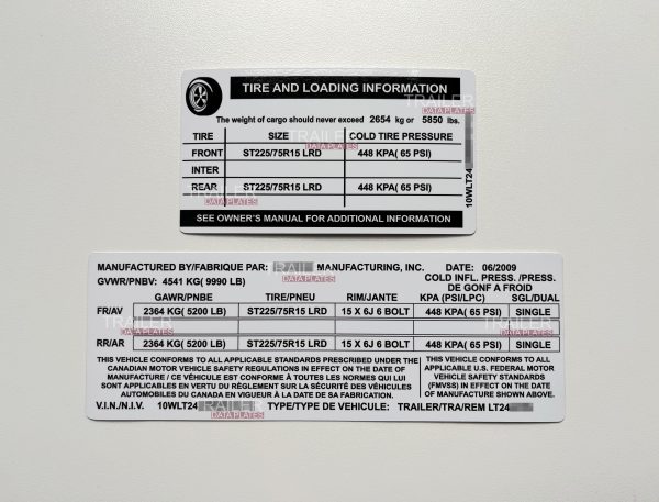 Classic Trailer Data Decal Sticker VIN ID Tag Tire and Loading Information Derated Downrated USA CUSTOM