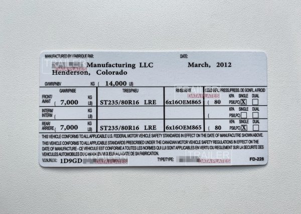 Dun Rite Trailer Data Decal Sticker VIN ID Tag Derated Downrated USA CUSTOM