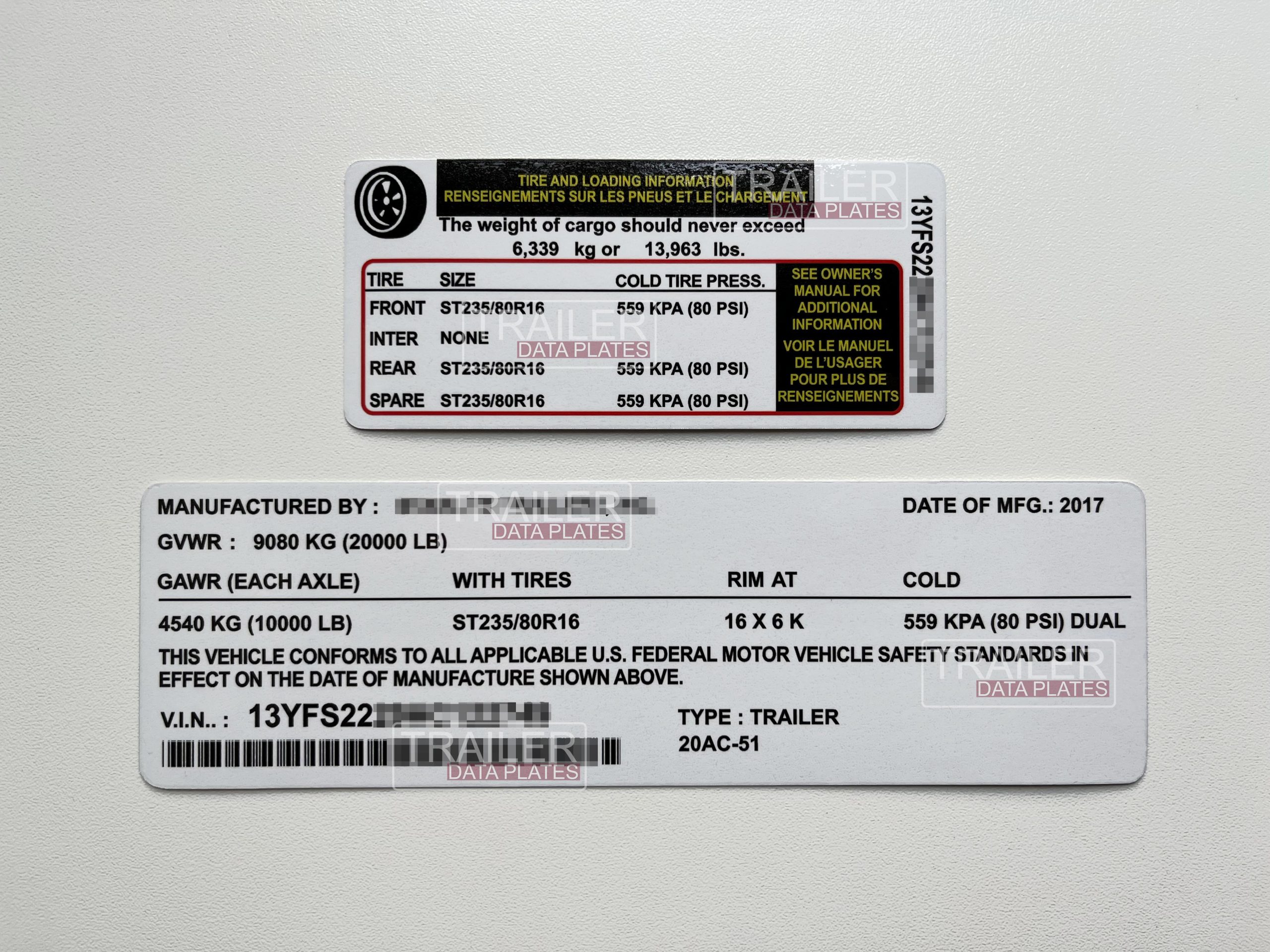 Starlite Trailers Data Decal Sticker VIN ID Tag Derated Downrated USA CUSTOM