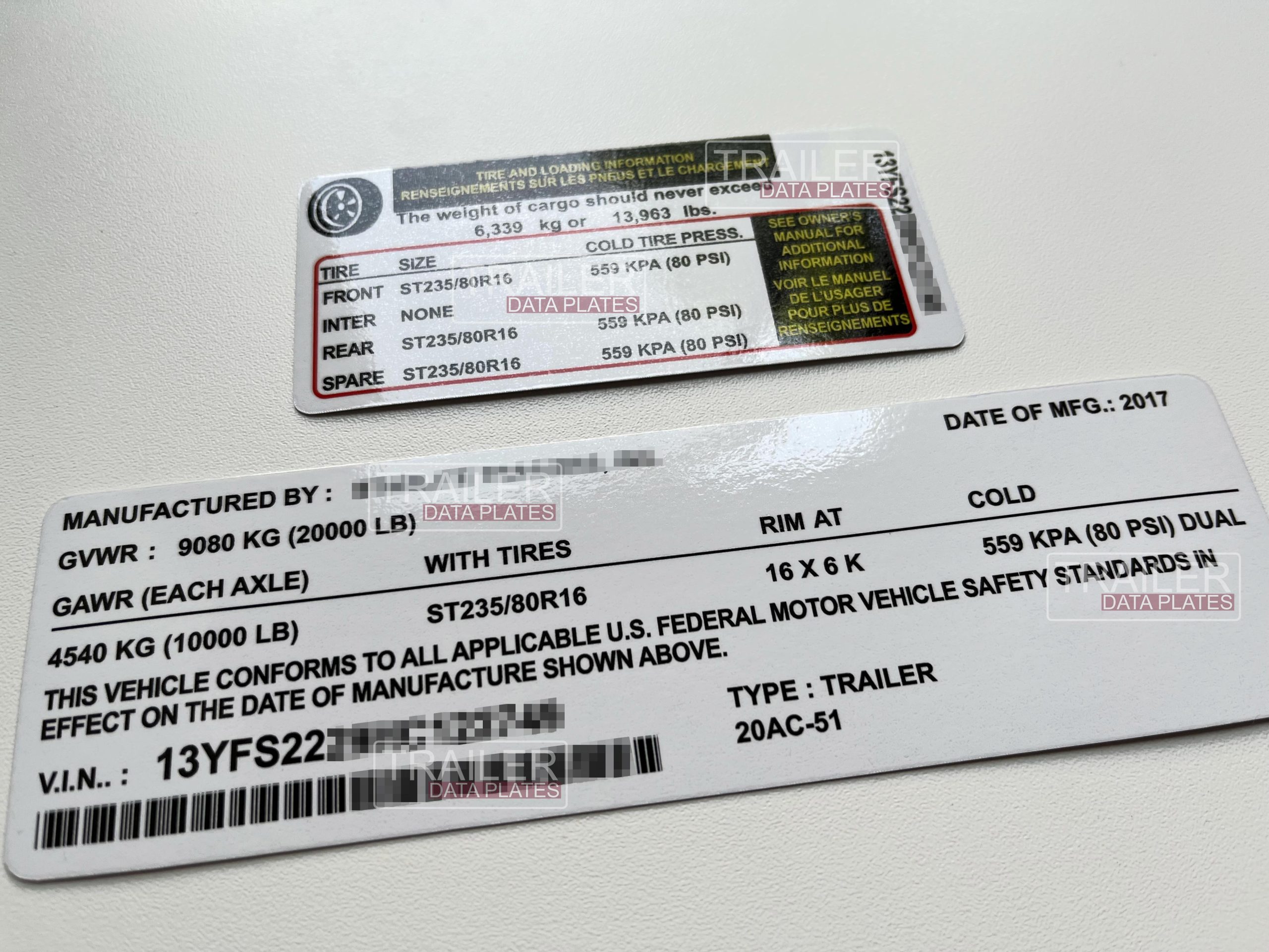 Starlite Trailers Data Decal Sticker VIN ID Tag Derated Downrated USA CUSTOM alt view