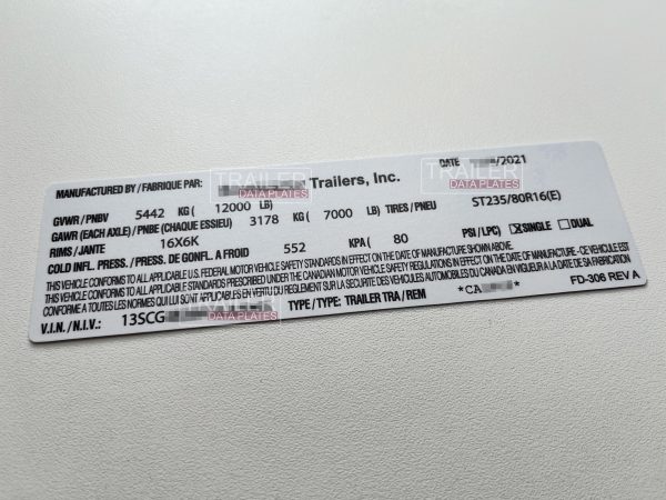 Sundowner Trailer Data Decal Sticker VIN ID Tag Derated Downrated USA CUSTOM alt view