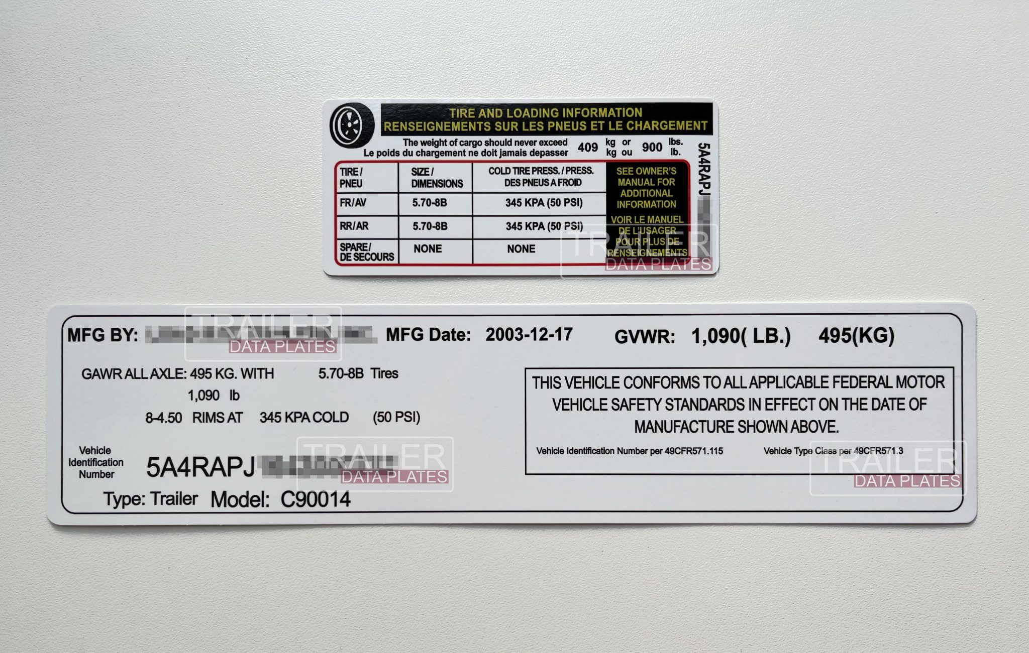 Load Rite Trailers Data Decal Sticker VIN ID Tag Tire and Loading ...