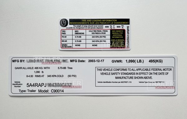 Load Rite Trailers Data Decal Sticker VIN ID Tag Tire and Loading Information Derated Downrated USA CUSTOM
