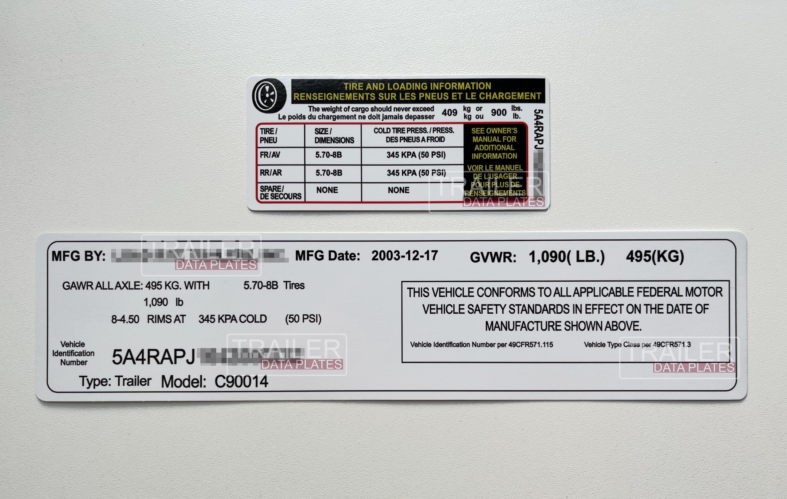 Load Rite Trailers Data Decal Sticker VIN ID Tag Tire and Loading Information Derated Downrated USA CUSTOM
