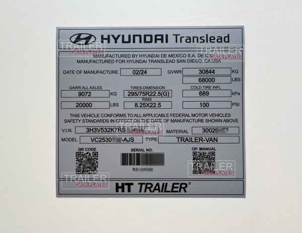Hyundai Trailer Data Decal Sticker VIN ID Tag Reproduction CUSTOM GRAY