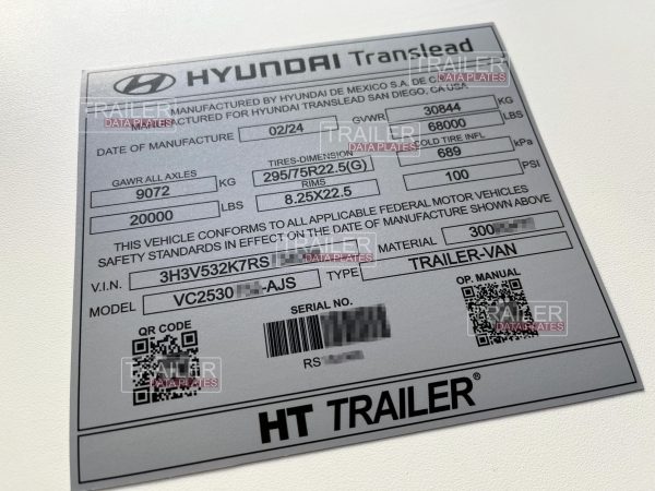 Hyundai Trailer Data Decal Sticker VIN ID Tag Reproduction CUSTOM GRAY alt view