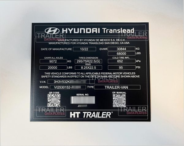 Hyundai Trailer Data Plate VIN ID Tag Anodized Aluminum USA CUSTOM