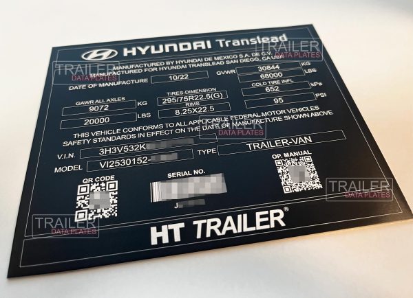 Hyundai Trailer Data Plate VIN ID Tag Anodized Aluminum USA CUSTOM alt view