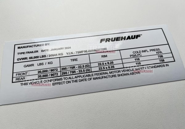Fruehauf Dry Van Trailer Data Decal Sticker VIN ID Tag Reproduction CUSTOM Alt view