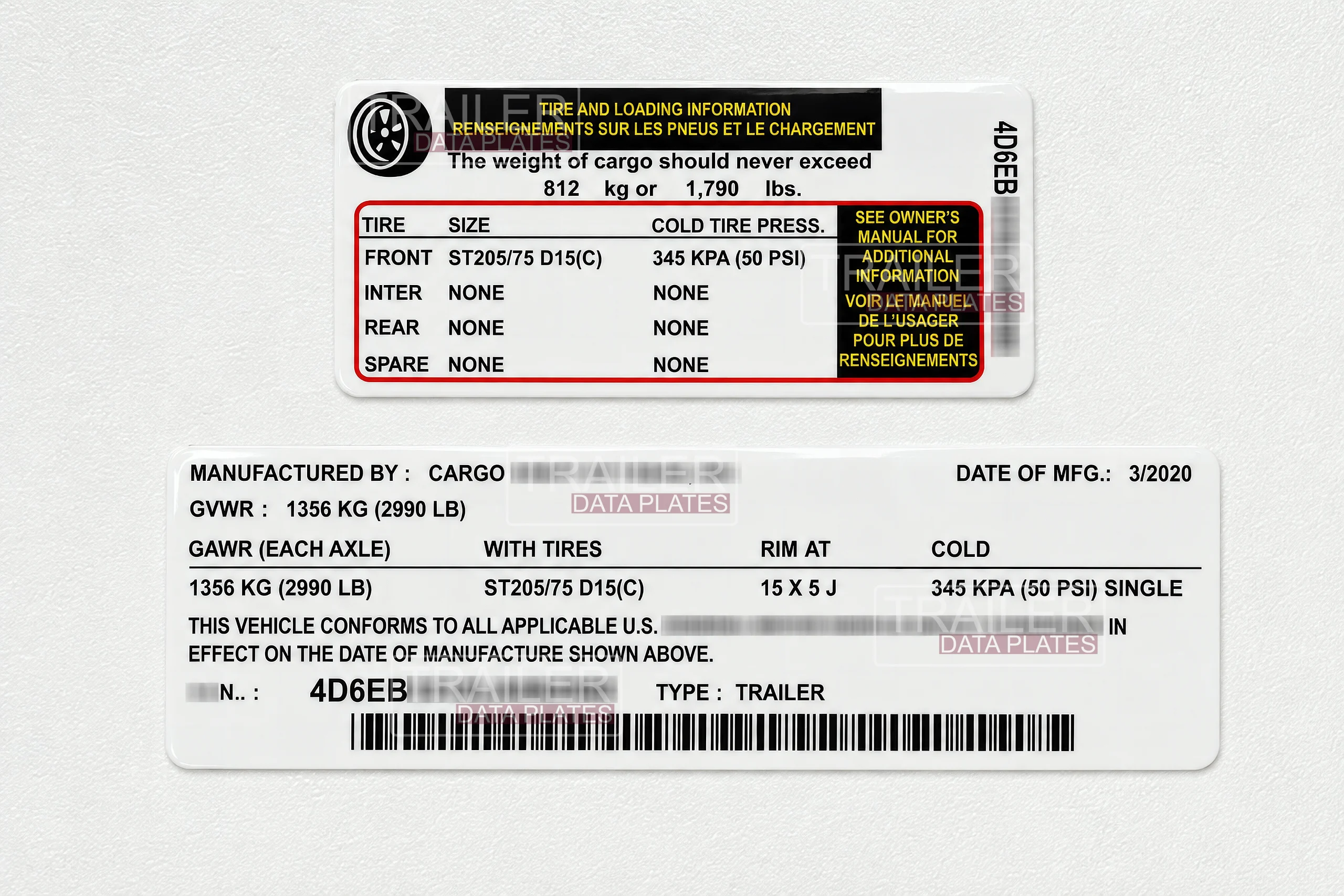 Cargo Craft Trailers Data Decal Sticker ID Tag Tire and Loading Information Derated Downrated USA CUSTOM