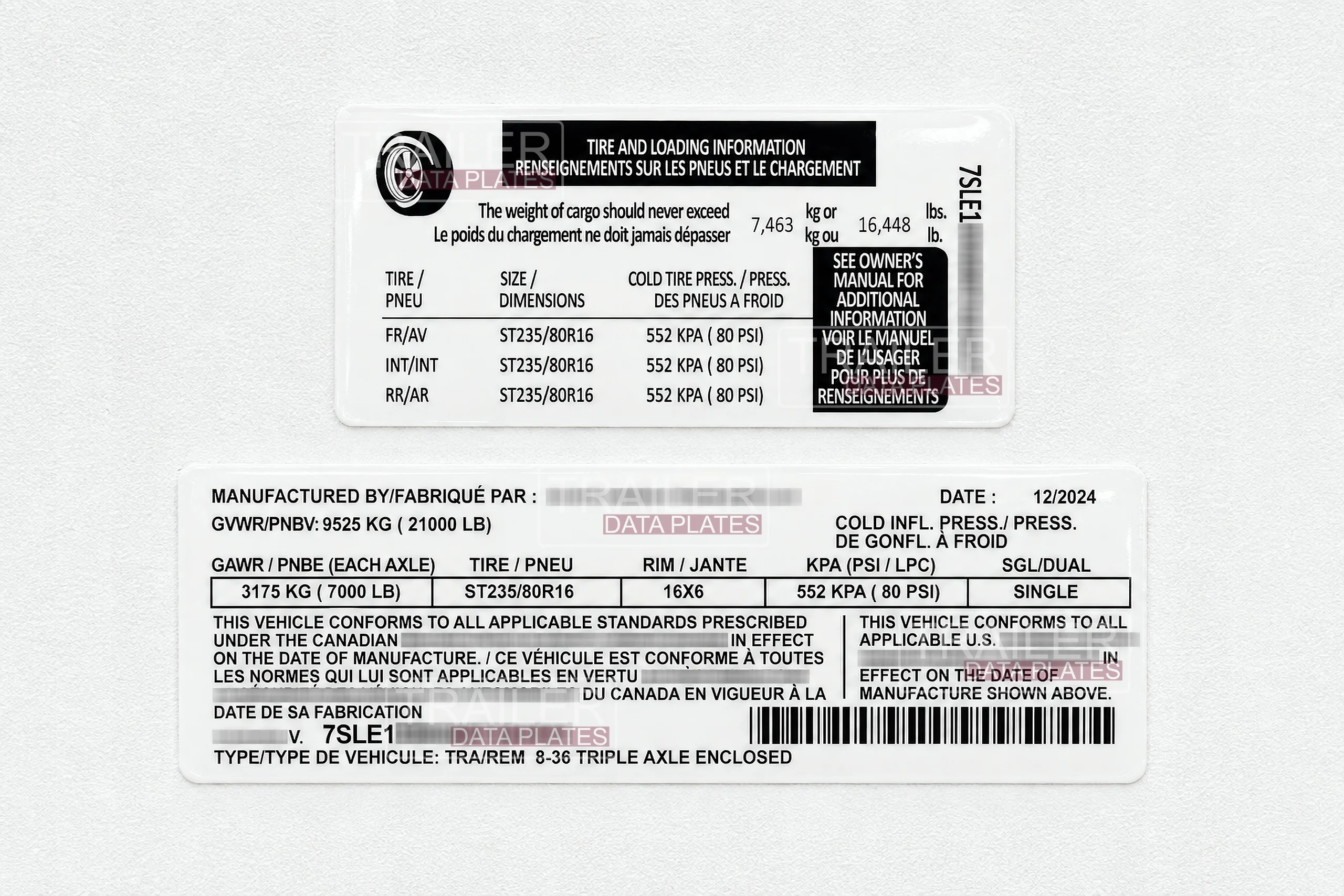 Carry On Trailers Data Decal Sticker ID Tag Tire and Loading Information Derated Downrated USA CUSTOM