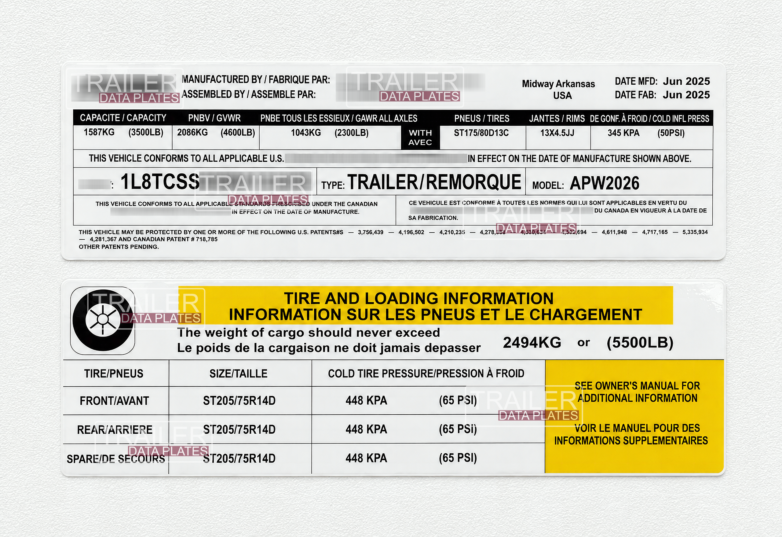EZ Loader Boat Trailer ALT Data Decal Sticker ID Tag Derated Downrated USA CUSTOM