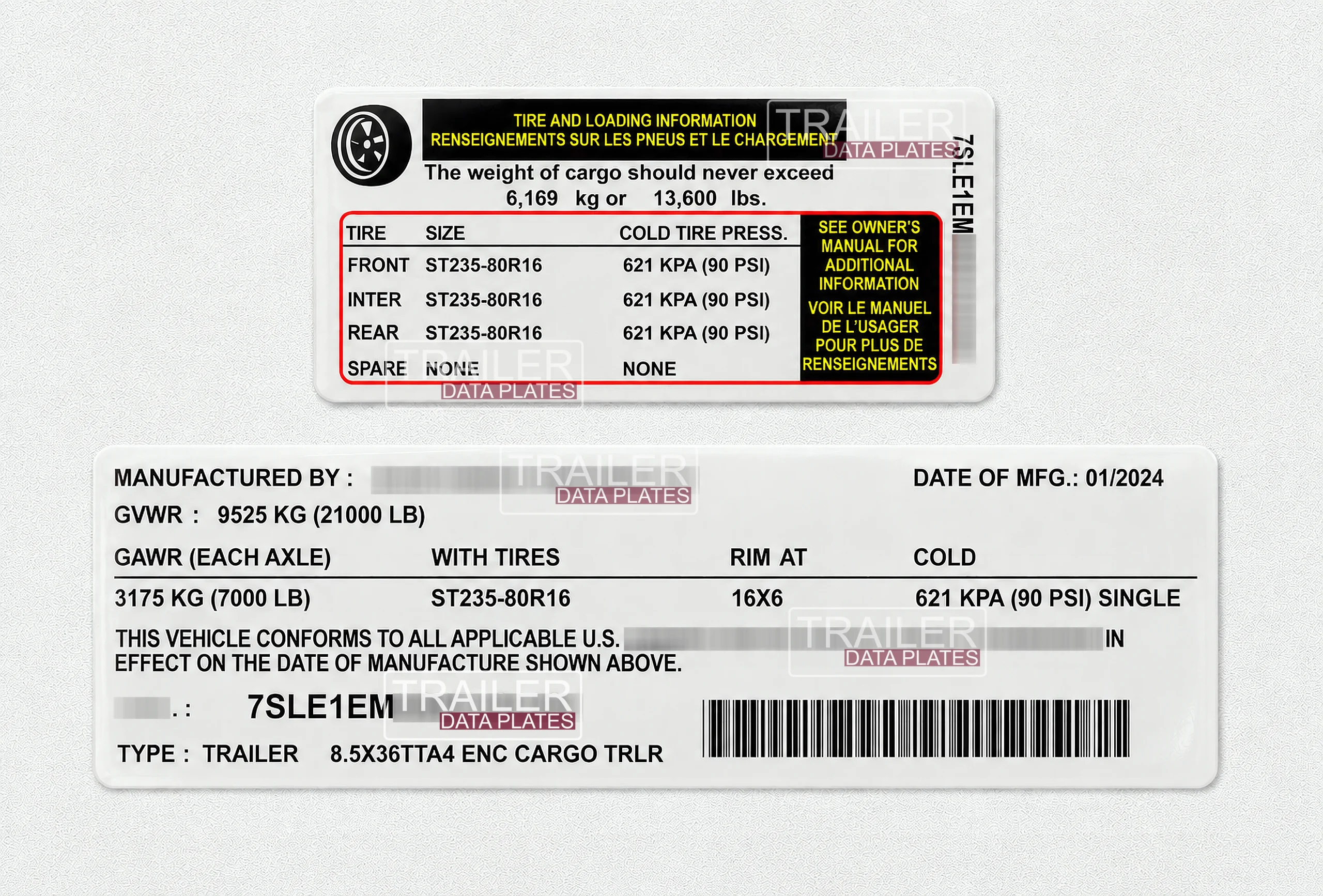 Elite Cargo Trailers Data Decal Sticker ID Tag Tire and Loading Information Derated Downrated USA CUSTOM