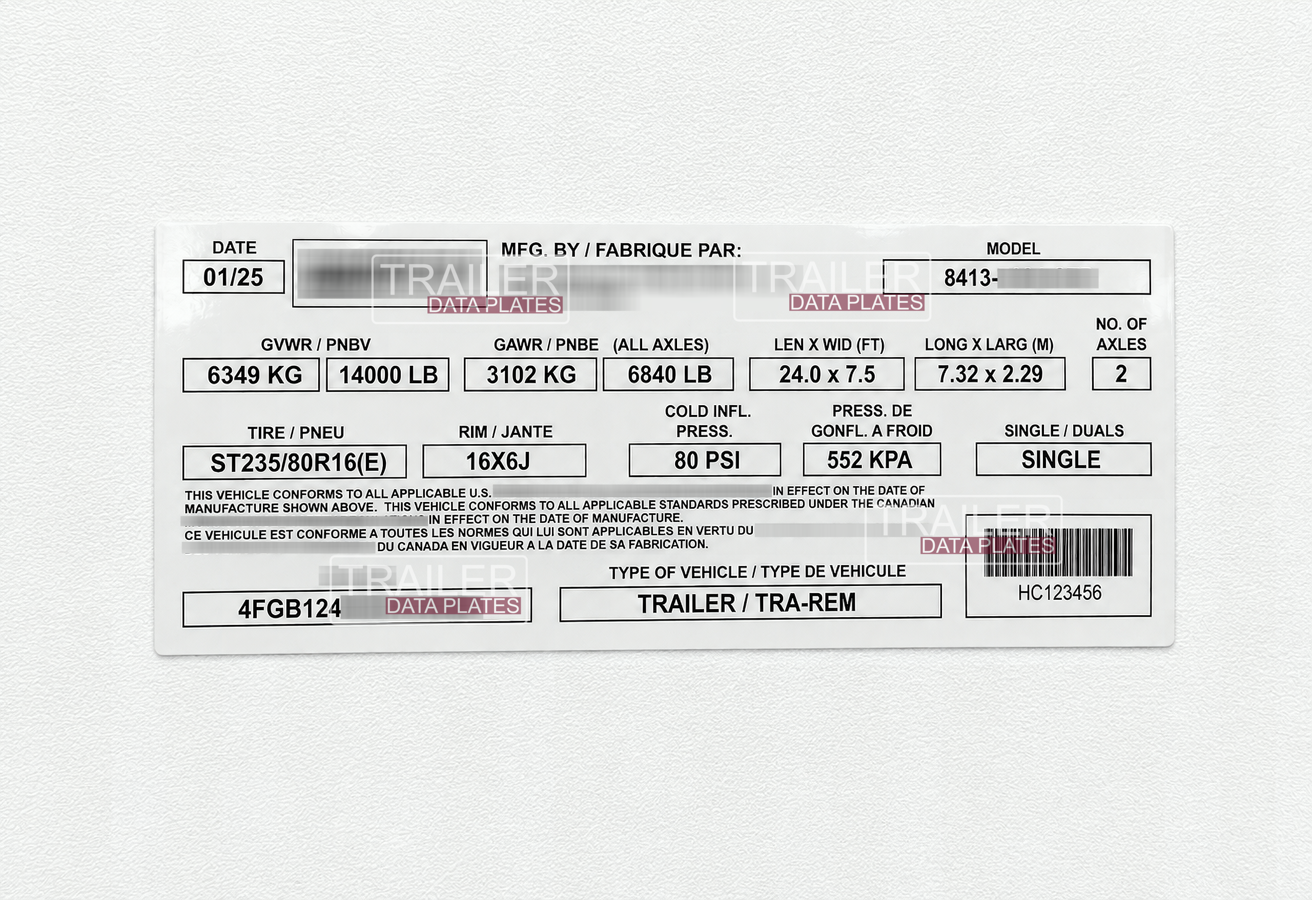 Featherlite Trailers Data Decal Sticker ID Tag Tire and Loading Information Derated Downrated USA CUSTOM