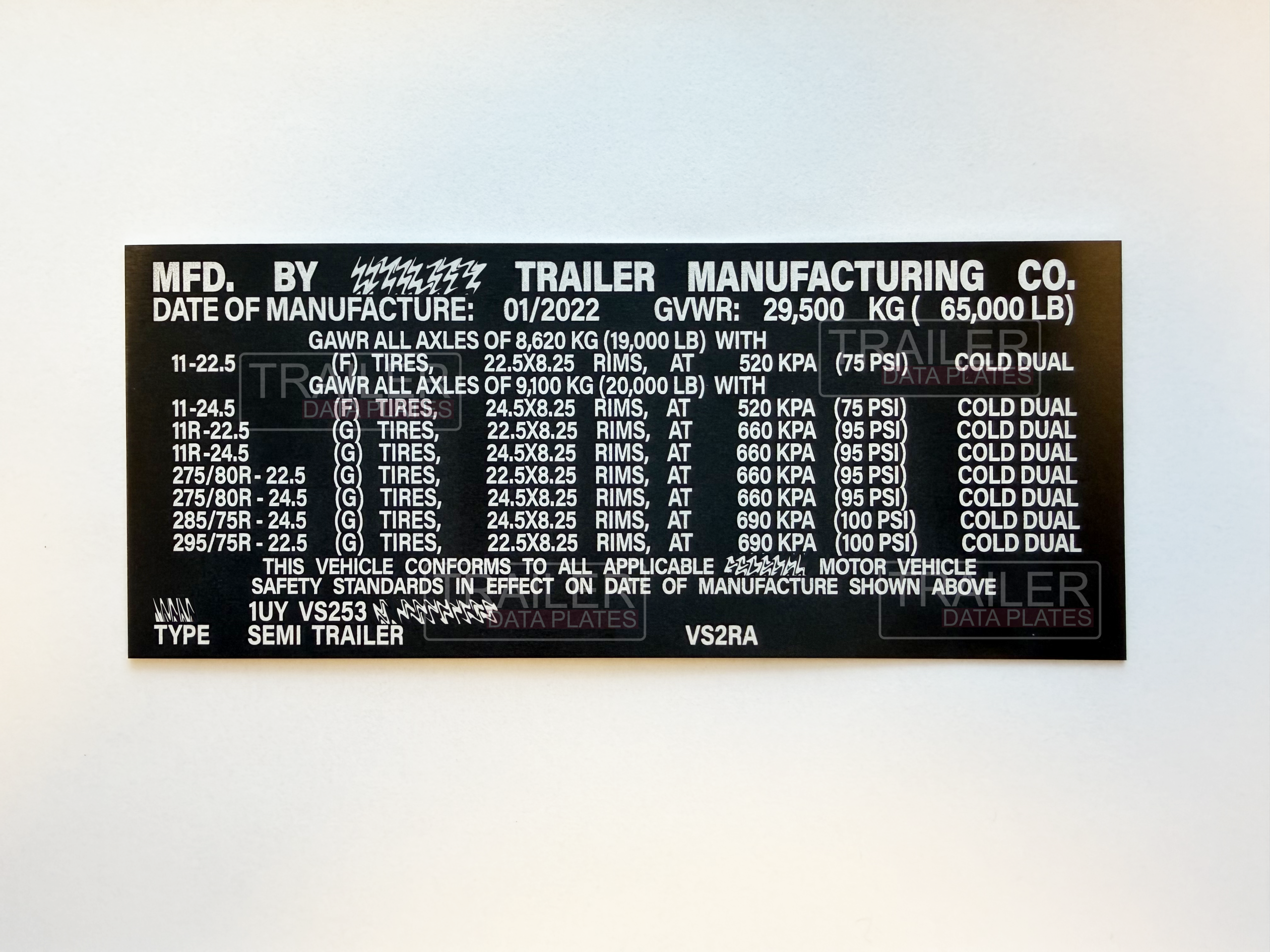 UTILITY Trailer Data Plate ID Tag Anodized Aluminum USA CUSTOM