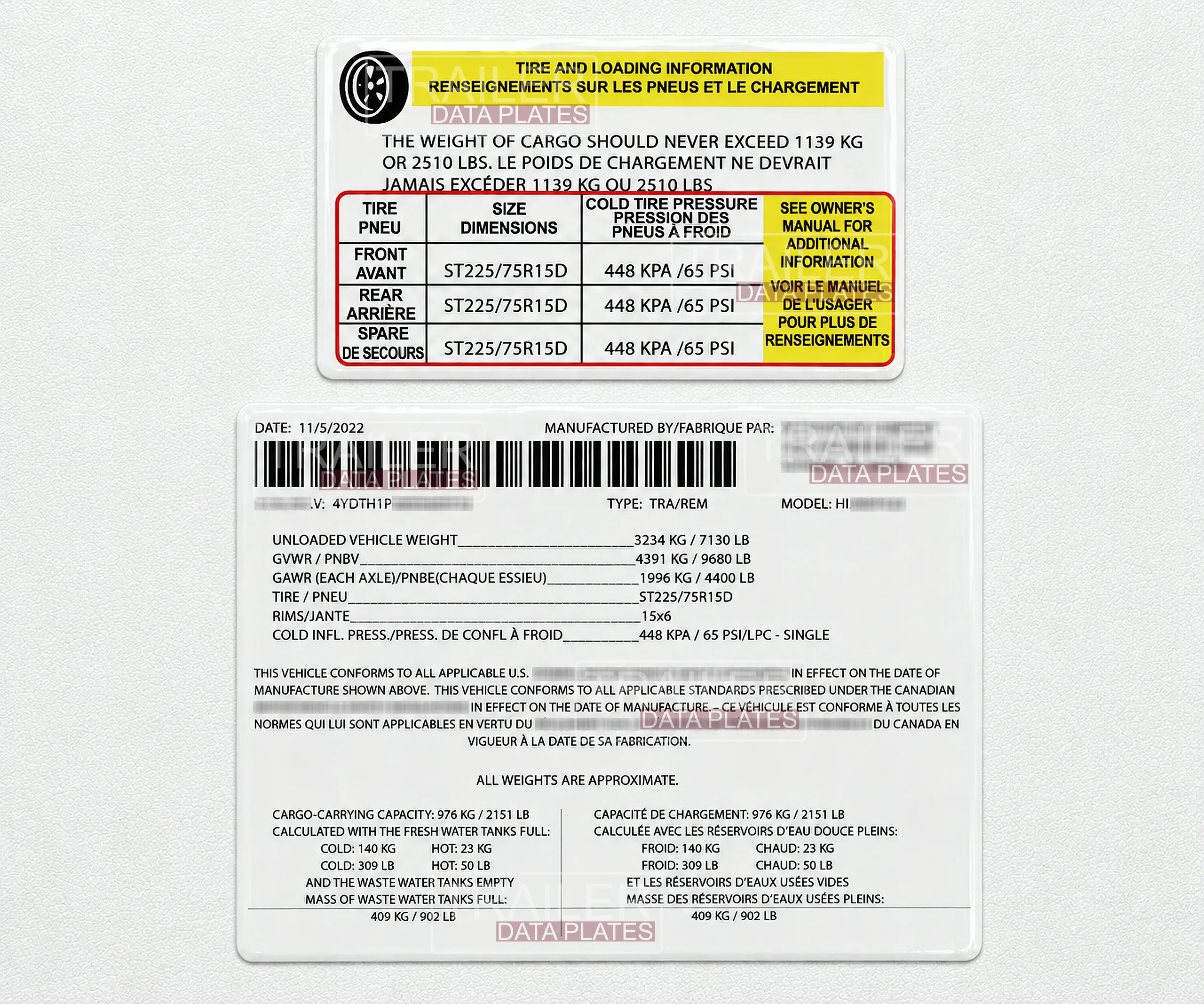 Keystone RV Trailers Data Decal Sticker ID Tag Tire and Loading Information Derated Downrated USA CUSTOM