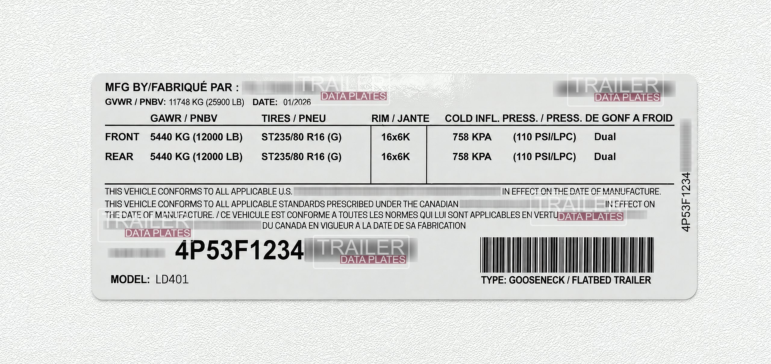 PJ Trailer ALT Data Decal Sticker ID Tag Tire and Loading Information Derated Downrated USA CUSTOM